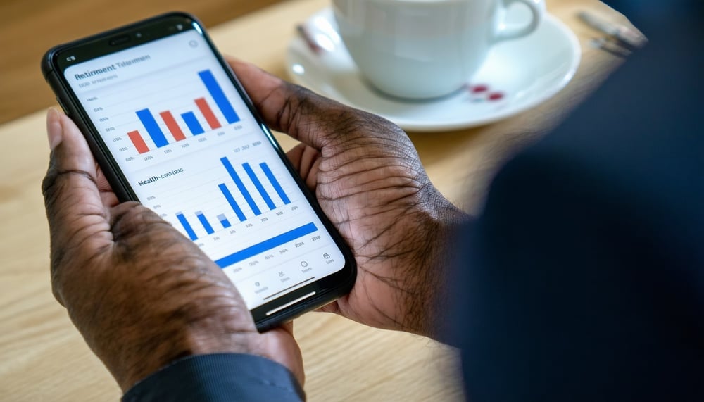 User analyzing health and retirement data on smartphone